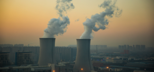 A photo of two coal smoke stacks at sunset.