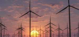 An off-shore wind farm with the sun setting in the background.